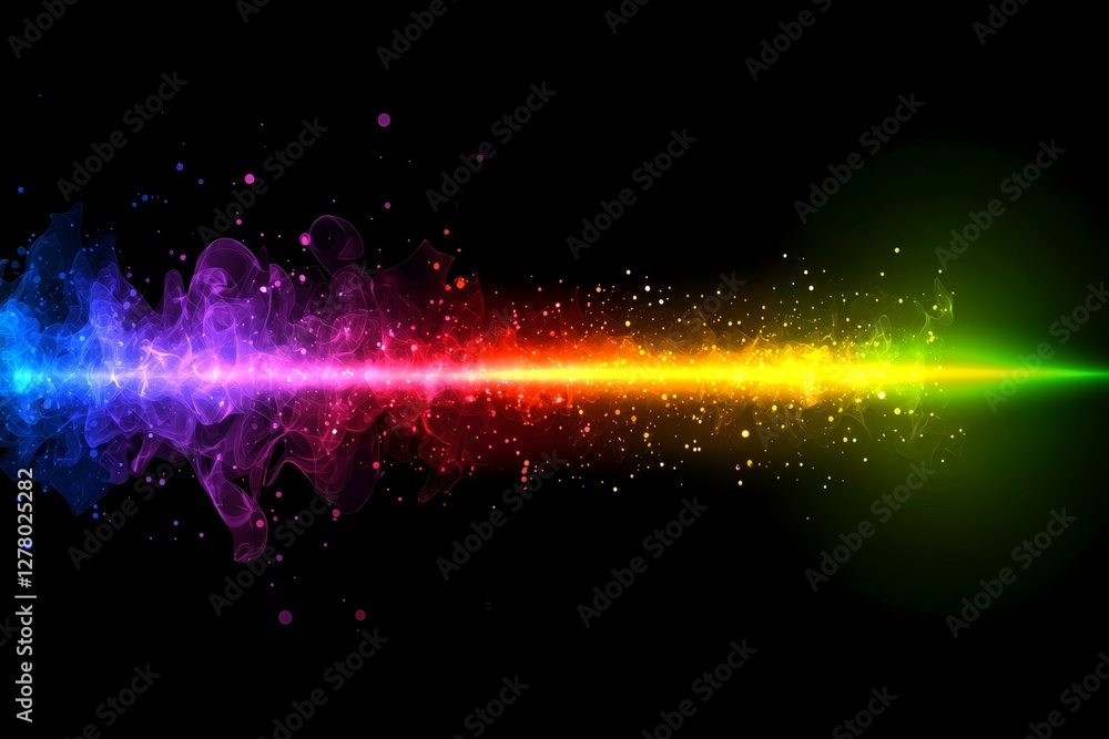 Poster dynamic multicolor light spectrum on black background with energy particles
