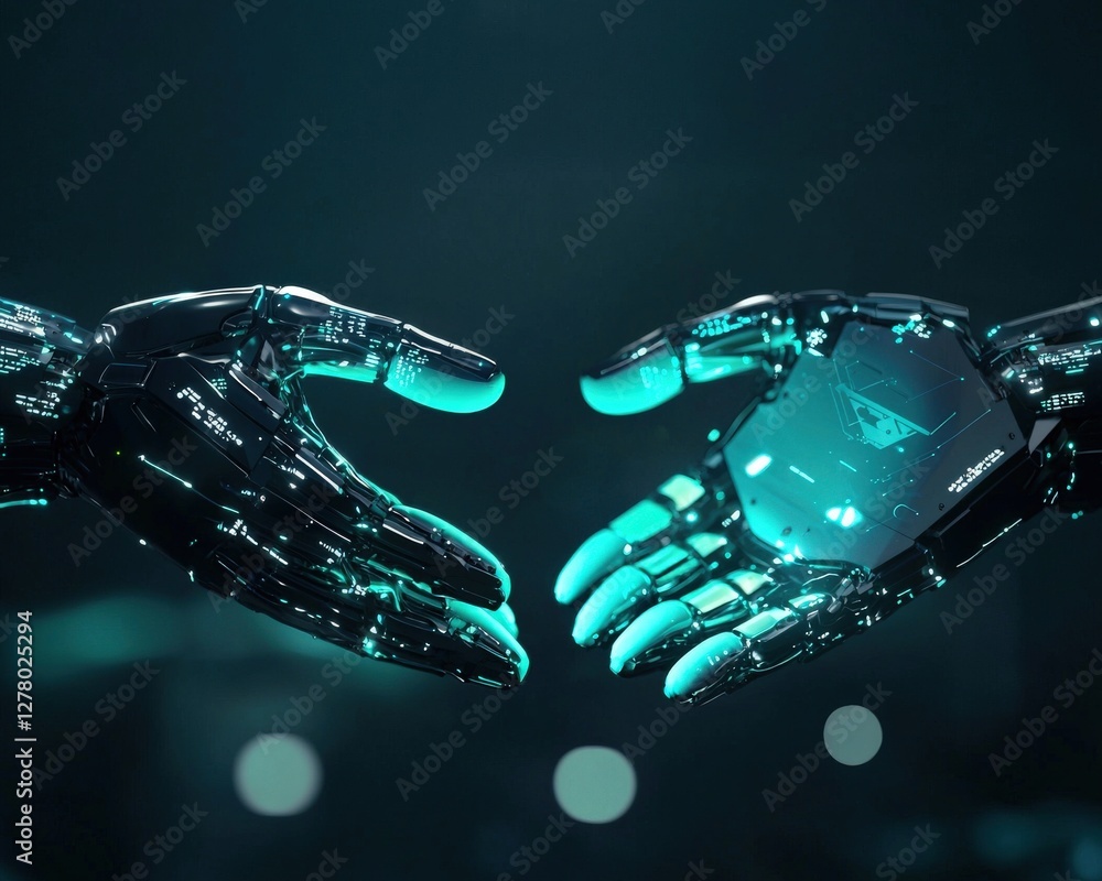 Poster futuristic robots embracing technology and connection