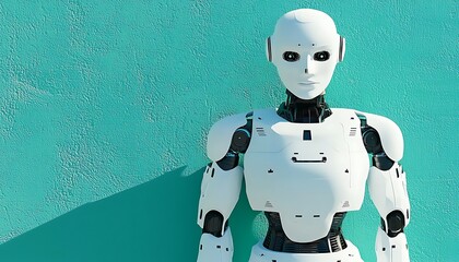 Humanoid Robot Hint A white humanoid robot in front a turquoise wall. 3d illustration. robot pictures,