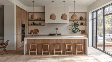 Modern kitchen design home interior image minimalist style wide angle cozy aesthetic