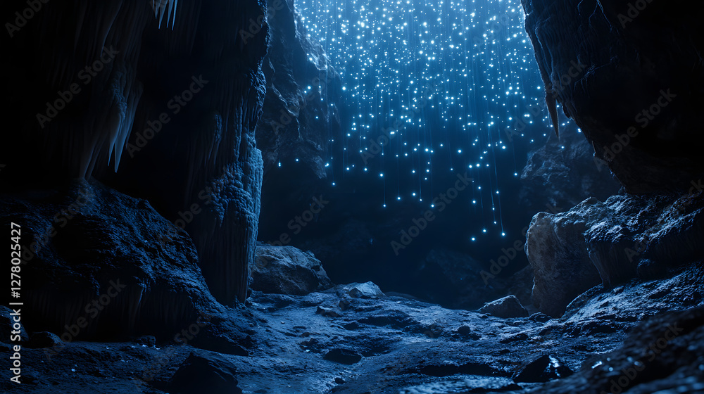 Poster mysterious underwater cave, serene aquatic environment with subtle light beams filtering through the