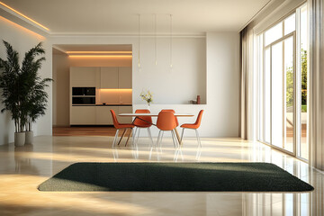 Modern interior design of apartment, dining room with table and chairs, kitchen, empty living room with white wall, panorama