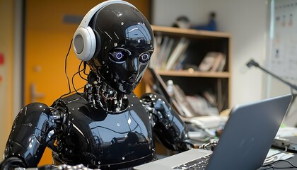 portrait of robot using laptop 