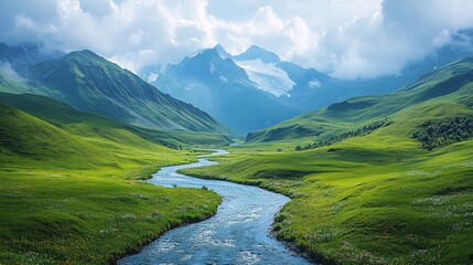 Tranquil river flowing through majestic mountains lush green valley nature photography scenic view