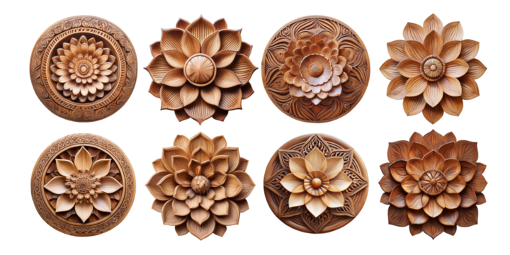 Intricate Wooden Carvings of Floral Patterns in Various Designs