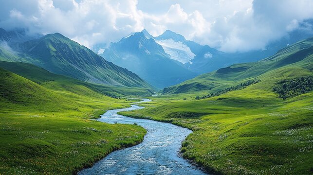 Tranquil river flowing through majestic mountains lush green valley nature photography scenic view