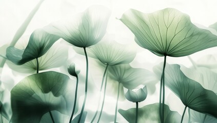 Serene lotus leaves, pond, backlit, ethereal, zen garden, tranquility, nature, background, design
