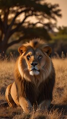 Obraz premium A stunning pride of lions resting in the golden savanna, their majestic manes flowing in the breeze. The leader, a powerful male lion, stands tall, surveying the land with piercing eyes, while lioness