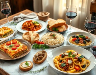 Table Filled with Delicious Italian Cuisine and Red Wine
