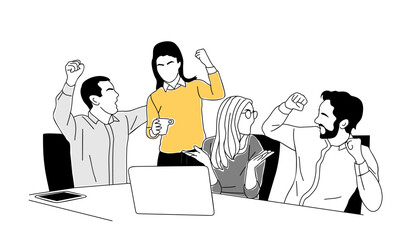 Excited business men and women celebrating success with their hands up. Business team work concept. Modern vector simple outline drawing for graphic, web design. Isolated on transparent background.