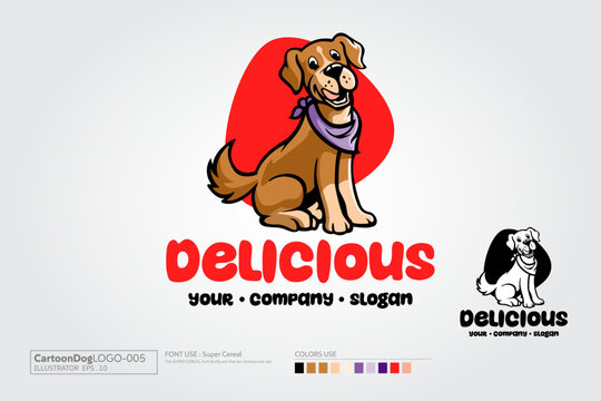 Delicious Vector Logo Template. Cute Dog Sitting Cartoon Vector Icon Illustration. Animal Food Cartoon Concept