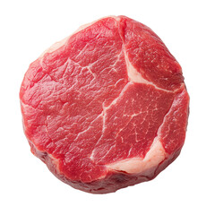 A round cut of raw red meat with visible marbling and a thick outer fat layer. isolated on white background.
