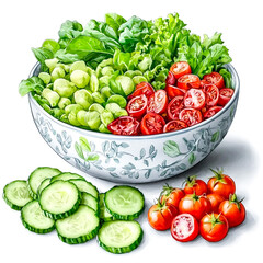 Close up organic fresh vegetables, tomato, and cucumber in a white salad bowl isolated on a white background. Generative AI.