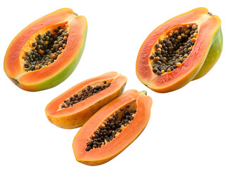 Papayas set, Half papayas, and Papaya slices isolated