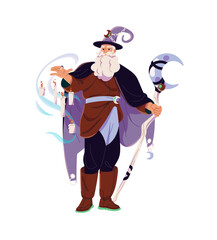 Medieval wizard, old magic character spells. Bearded magician in cloak, pointed hat casting witchcraft. Sorcerer, witch, warlock with cane controls candles. Flat isolated vector illustration on white