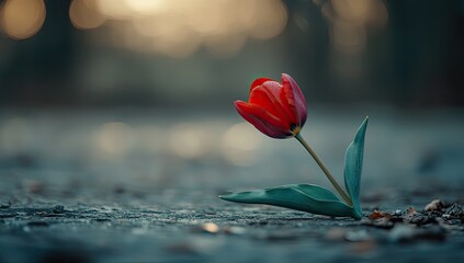 Single red tulip on ground, park, sunrise bokeh