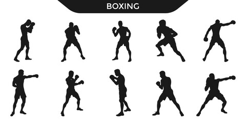 collection of dynamic boxer silhouettes in various fighting poses, showcasing strength, agility, and determination. Perfect for sports designs, fitness, and martial arts projects.