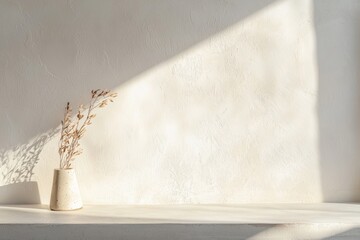 Minimalist dried flowers in ceramic vase on sunlit textured wall