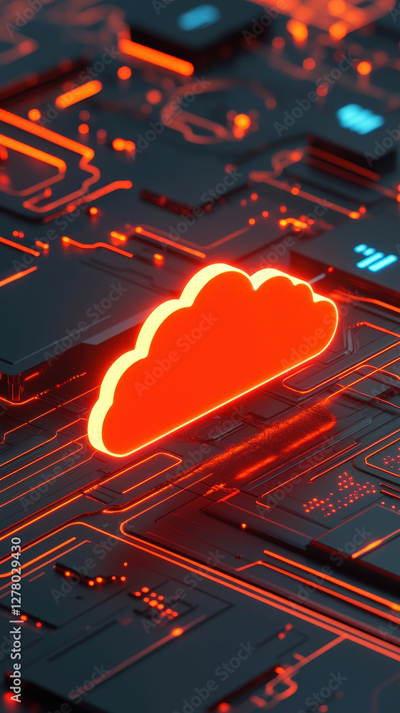 Aufkleber vibrant cloud symbol representing technology and innovation on digital circuit board. glowing red co