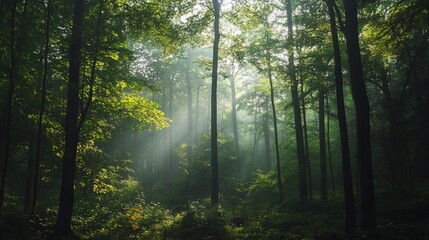 Fototapeta premium Sunbeams pierce through misty forest, illuminating lush green canopy and tree trunks.