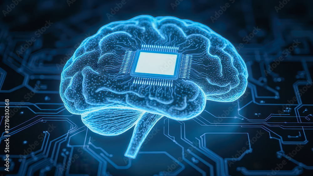 Poster futuristic concept of brain-machine interface with electronic chip integrated into neural pathways f