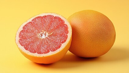 Two fresh grapefruit halves on yellow background