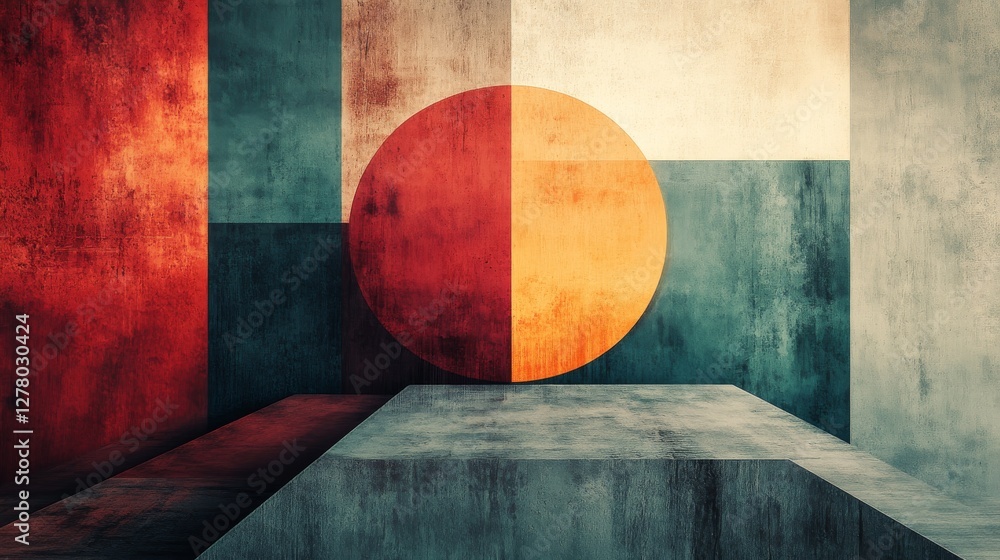 Poster a vibrant abstract geometric composition with circle and block shapes
