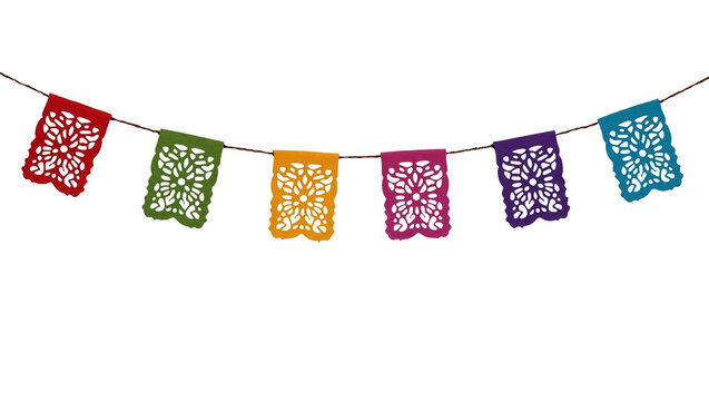 Day of the dead decoration, papel picado isolated on white, transparent. Mexican holiday celebration