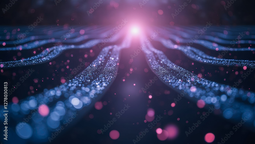 Poster abstract digital landscape with waves of light particles and glowing elements captured in vibrant co