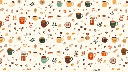 Colorful coffee mugs, leaves, beans, seamless pattern on white background