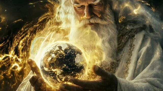 Almighty touch: God encompasses the Earth, highlighting the divine force shaping the world, representing creation, God's omnipotence, and the sacred presence pervading all corners of existence.