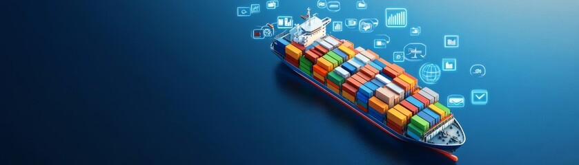 Obraz premium A cargo ship with floating digital business icons, symbolizing global trade expansion