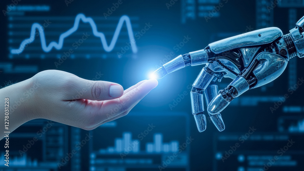 Poster connection between human hand and robot hand symbolizing collaboration and future of technology in d