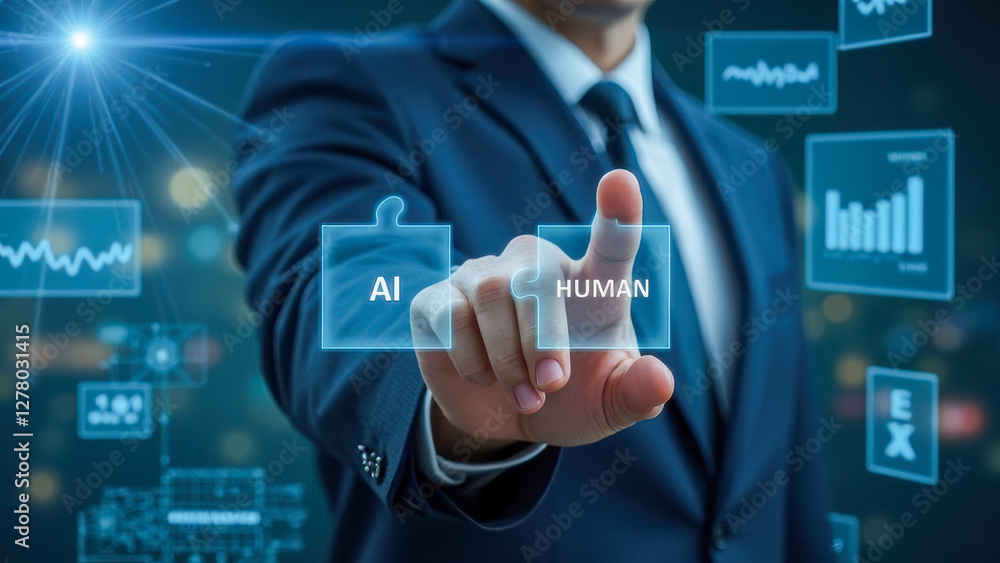 Poster business professional interacting with virtual ai and human interface buttons, exploring technology 