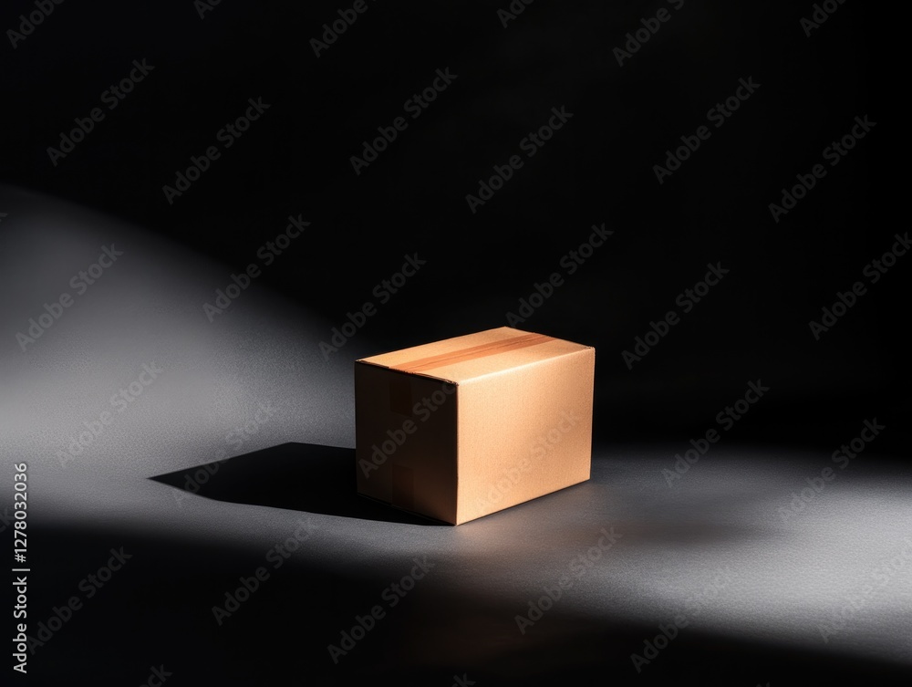 Poster minimalistic cardboard box illuminated by soft light casting dra