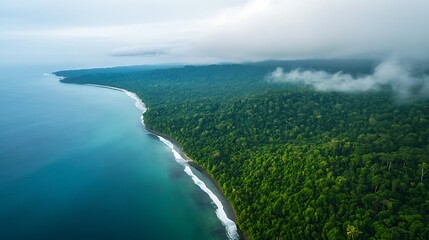 Aerial View of Lush Rainforest Meeting the Turquoise Ocean Shoreline