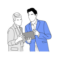 Team work business concept illustration. Man and woman working together, looking to digital tablet. Modern vector simple outline drawing for graphic and web design. Isolated