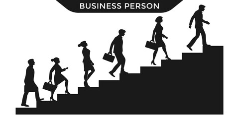 Vector illustration of business people silhouettes walking up stairs