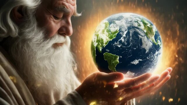 Creation guardian: God holds Earth, embodying divine creation, emphasizing the omnipotence of the Creator, showcasing the interconnectedness of the planet, and holy presence in every part of life.