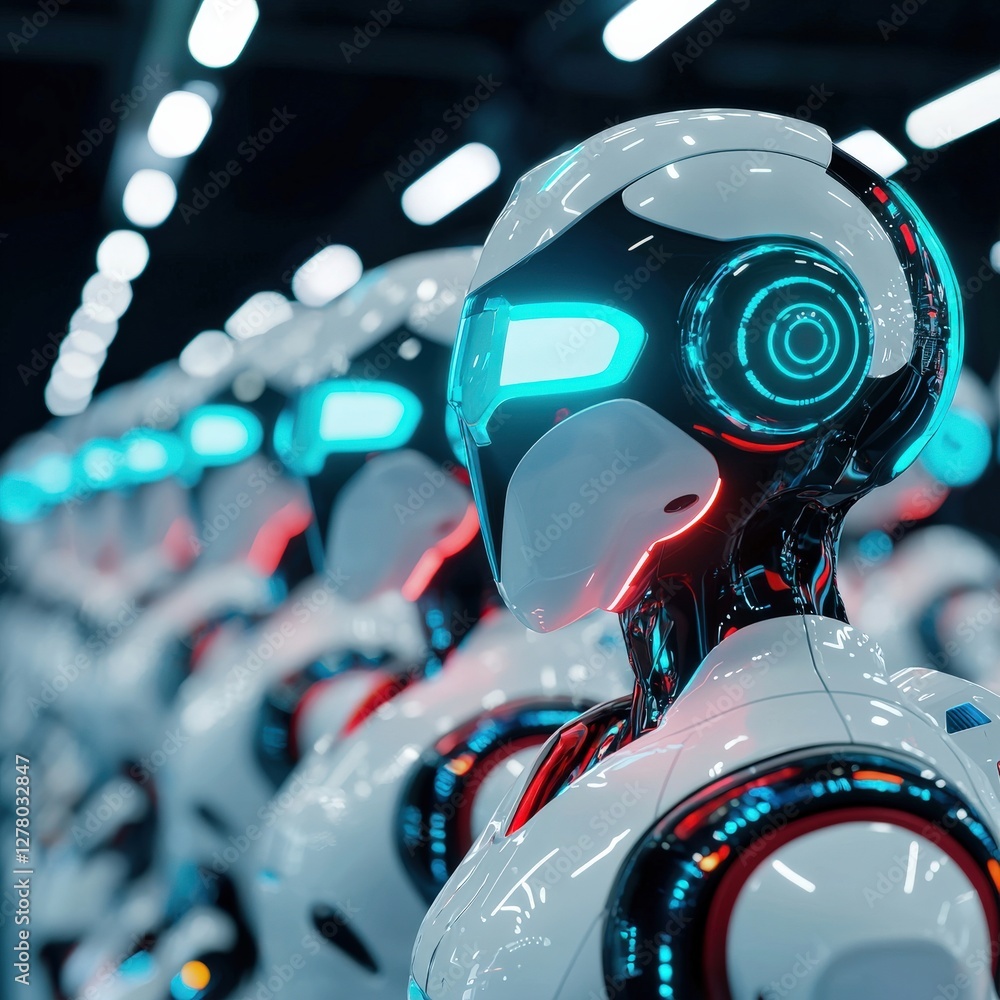 Poster futuristic robots with led lights in a modern setting