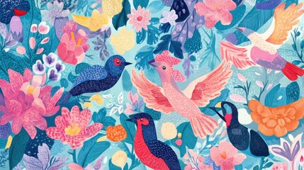 vibrant floral bird paradise illustration