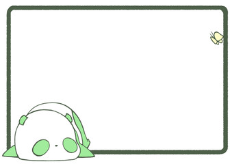 A frame on a white background with an illustration of a baby panda lying on its stomach and looking up at a butterfly (green)
