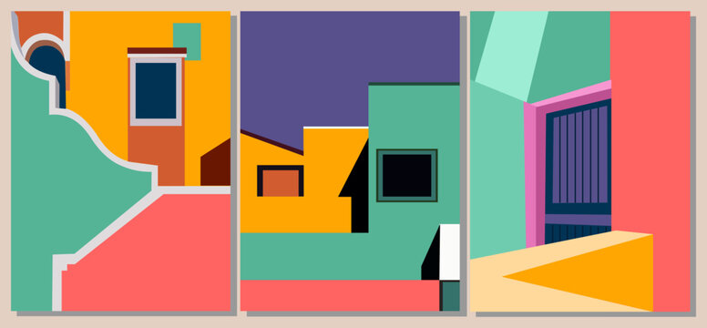 Set of contemporary abstract architectural posters in mid century modern style. Modern backgrounds, covers with copy space for text. City buildings with stairs, windows. Trendy Vector illustrations