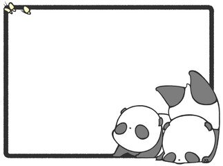 Frame on a white background with illustrations of baby pandas and butterflies