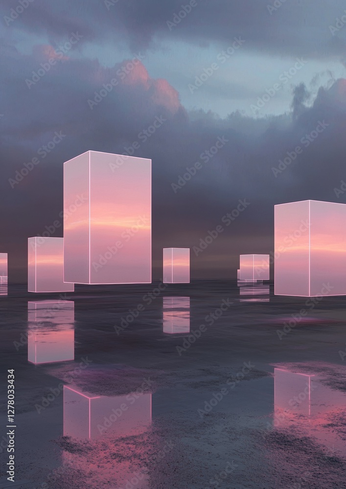 Poster group of six square-shaped cubes floating on a body of water. the cubes are arranged in a line, with