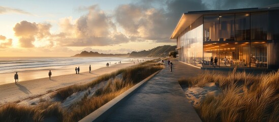 Coastal Sunset Walkway with Modern Building