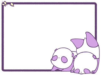 Frame on a white background with illustrations of baby pandas and butterflies (purple)