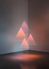 Fototapeta premium Empty room with a white wall and a wooden floor. in the center of the room, there is a large triangular structure made up of three overlapping triangles.