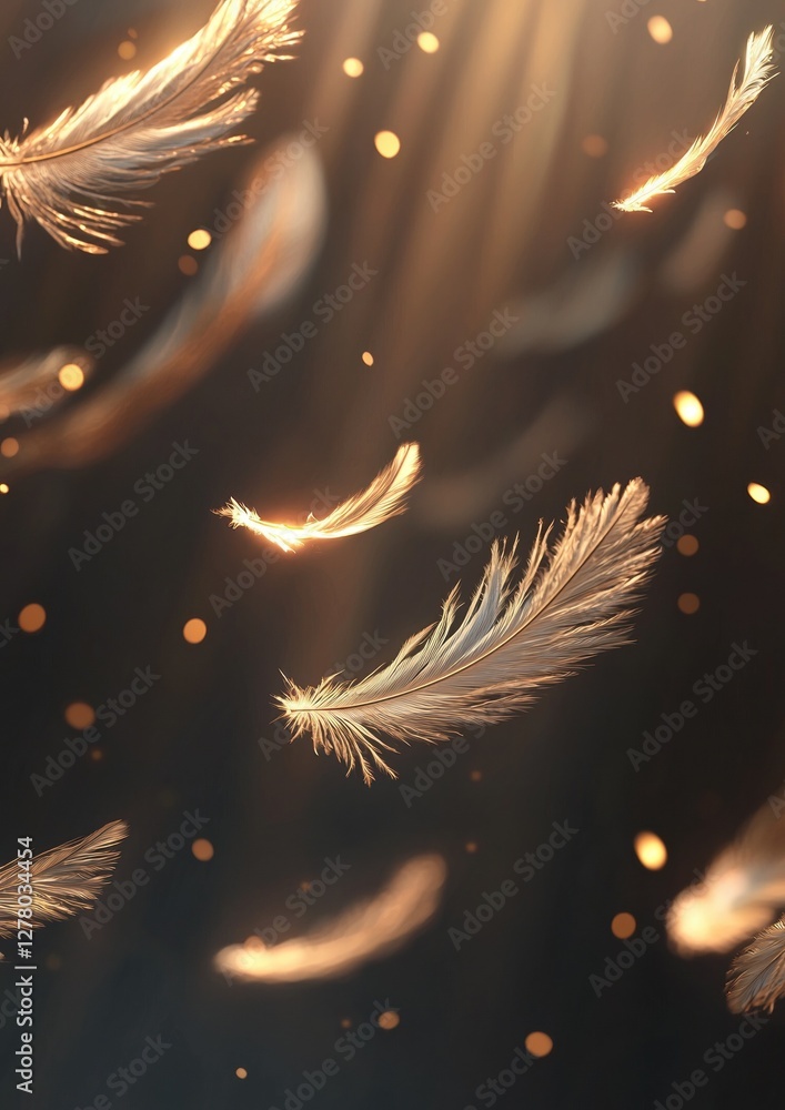 Aufkleber close-up of a group of white feathers flying in the air. the feathers are of different sizes and sha