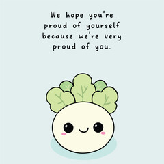 A cute digital illustration of a mustard green, accompanied by an uplifting message of resilience and support, the image features a pastel blue background and hand-drawn text.